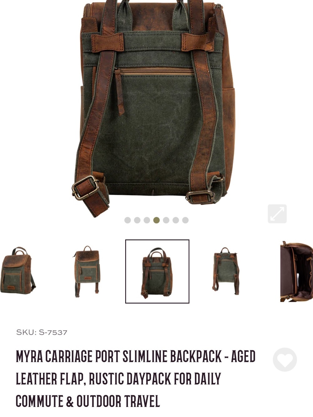 Myra Bag Green Canvas and Brown Leather Trim Backpack - Picture 3 of 6